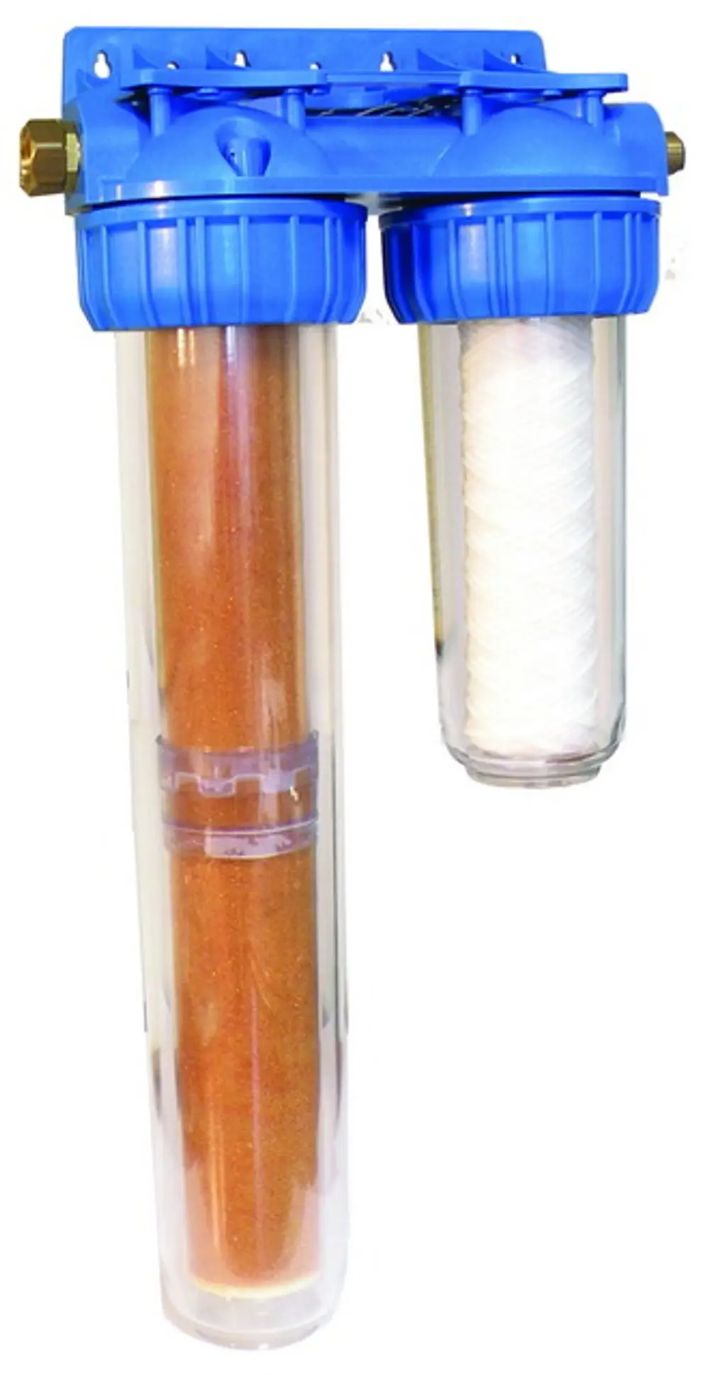 Zwei Filtereinheiten in blauer Halterung, eine mit braunem und eine mit weißem Filter. Produkt von IMI Hydronic Engineering zur Wasseraufbereitung.